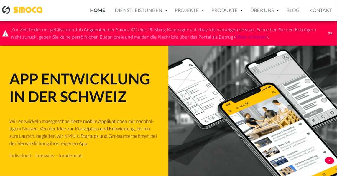 Homepage mit Warnbanner